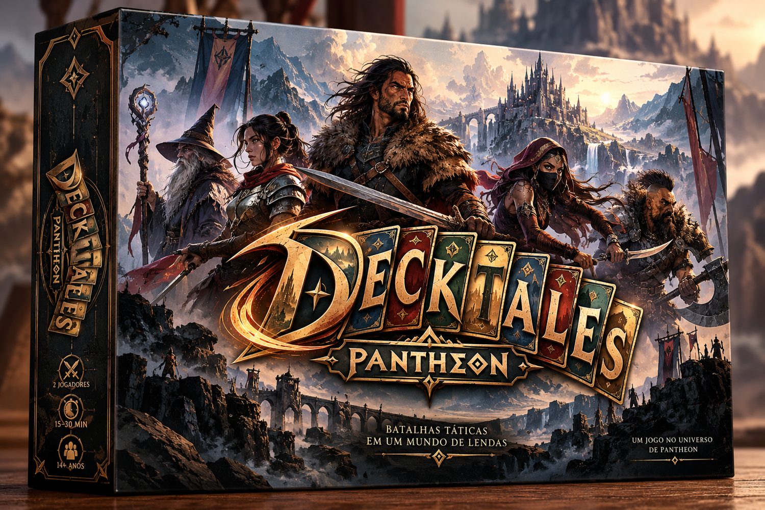 Caixa do jogo Deck Tales: Pantheon com cinco heróis diante de uma cidade no alto da montanha