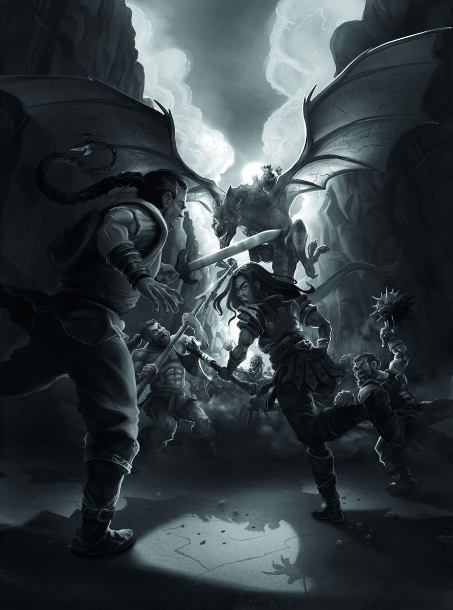 Ilustração de Pantheon RPG: guerreiros enfrentam uma criatura alada num desfiladeiro